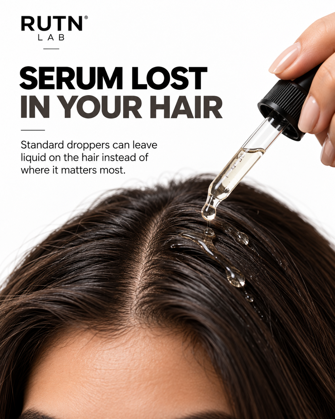 Serum from a standard dropper landing on the hair instead of controlled scalp placement